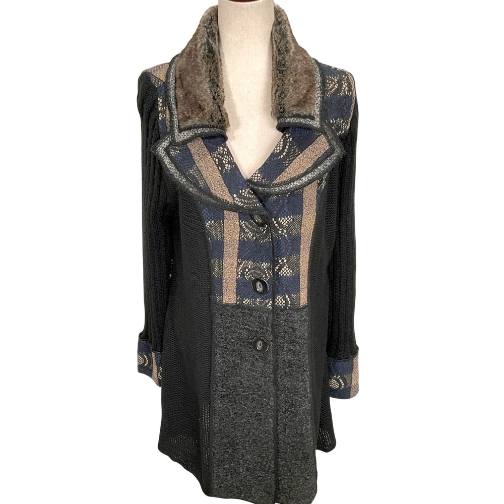 Sioni Cardigan Womens Large‎ Blue Black Patchwork Boho Faux Fur Coatigan Sweater
